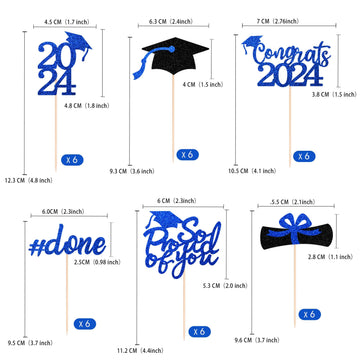 Gexolenu 36 Pcs Class Of 2024 Graduation Cupcake Toppers, Blue Glitter Double-Sided Grad Cap Cake Toppers For Graduation Party S
