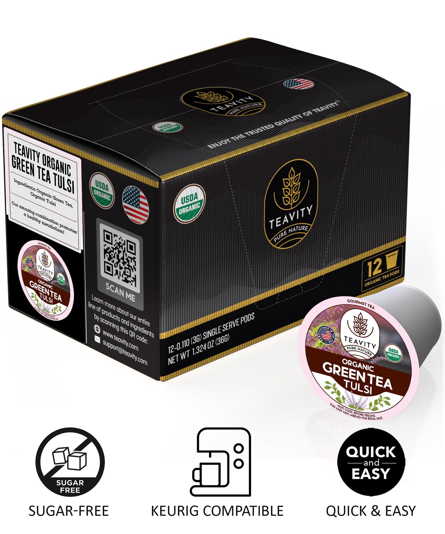 Organic Tulsi Tea Pods With Unsweetened Caffeinated Green Tea Pods For Keurig - Tulsi Green Tea By Teavity (12 Tea Pods)