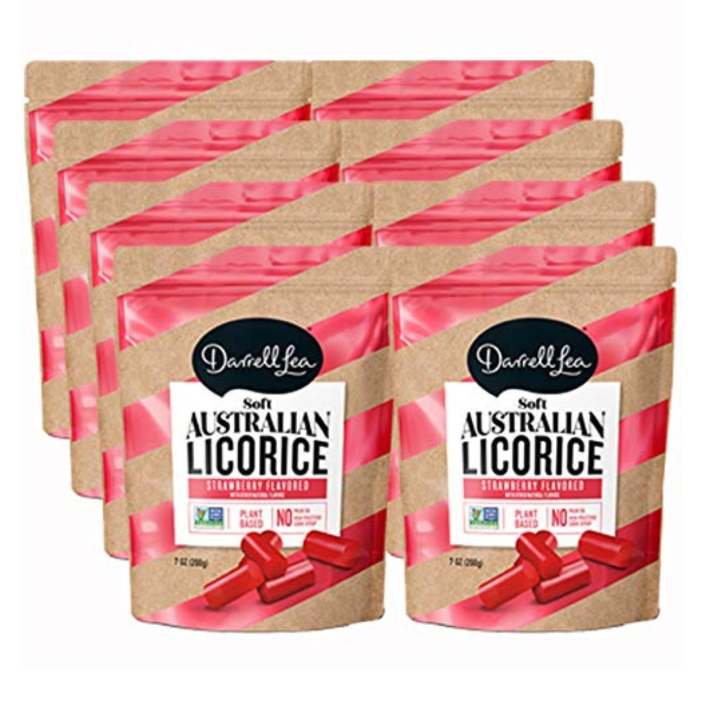 Darrell Lea Soft Australian Licorice, Strawberry Flavor, 7 Ounce Bag (8-Pack) | Non-Gmo, No Palm Oil, Plant Based, No High Fruct
