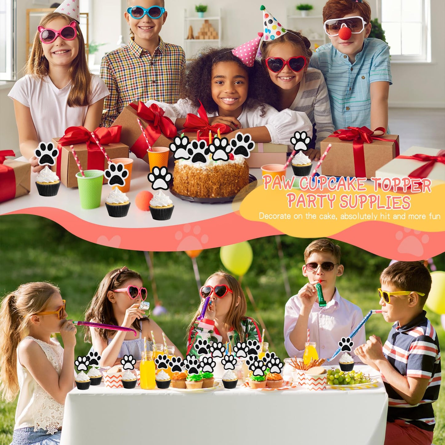 Weecent 36 Pcs Paw Cupcake Toppers Glitter Dog Paw Cake Decorations Black White Glitter Puppy Cupcake Toppers For Baby Shower Bo