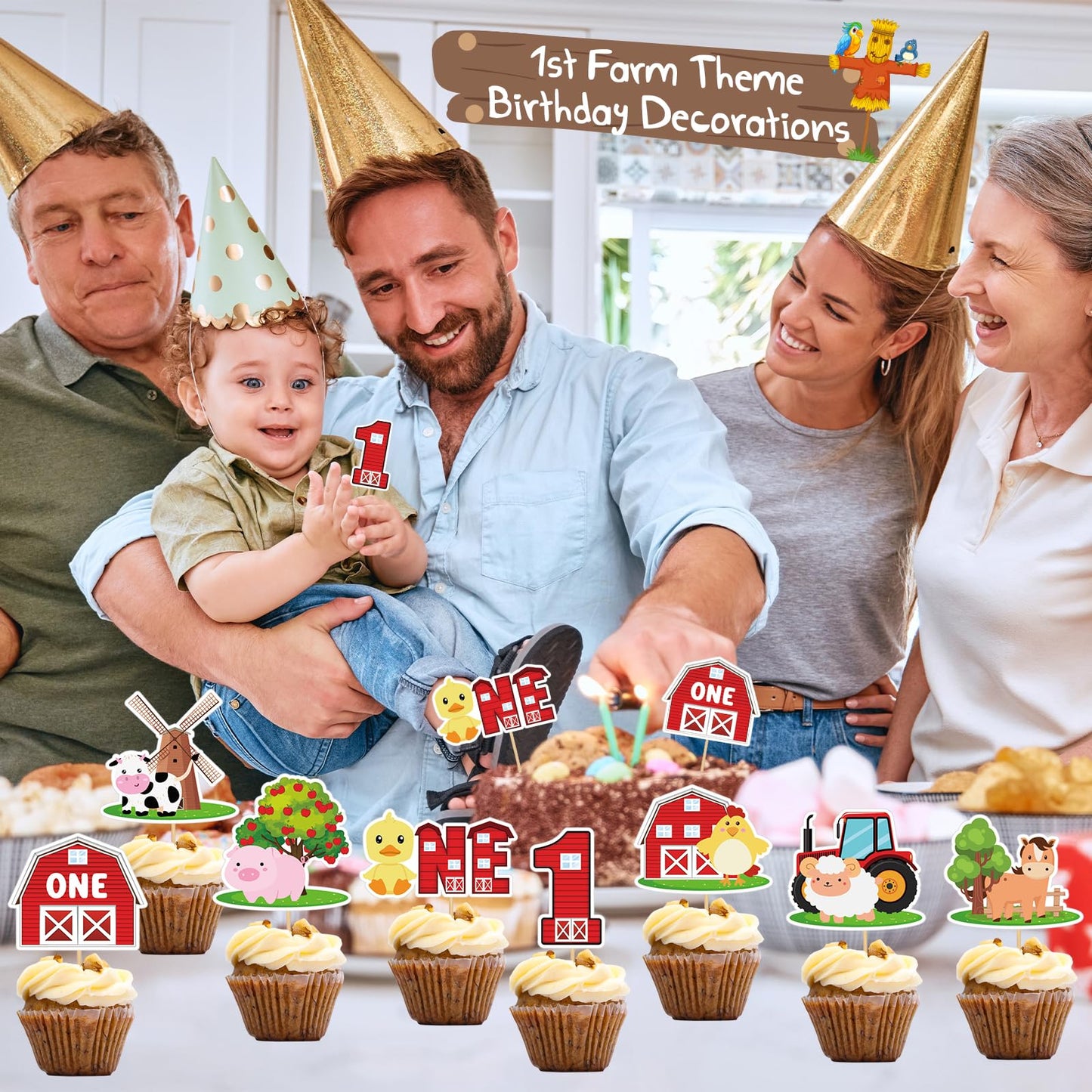 Weecent 48 Pcs Farm Animals Cupcake Toppers Baby 1St Birthday Decorations Barnyard Theme Cake Toppers For Baby Boy Girls Farm Ba