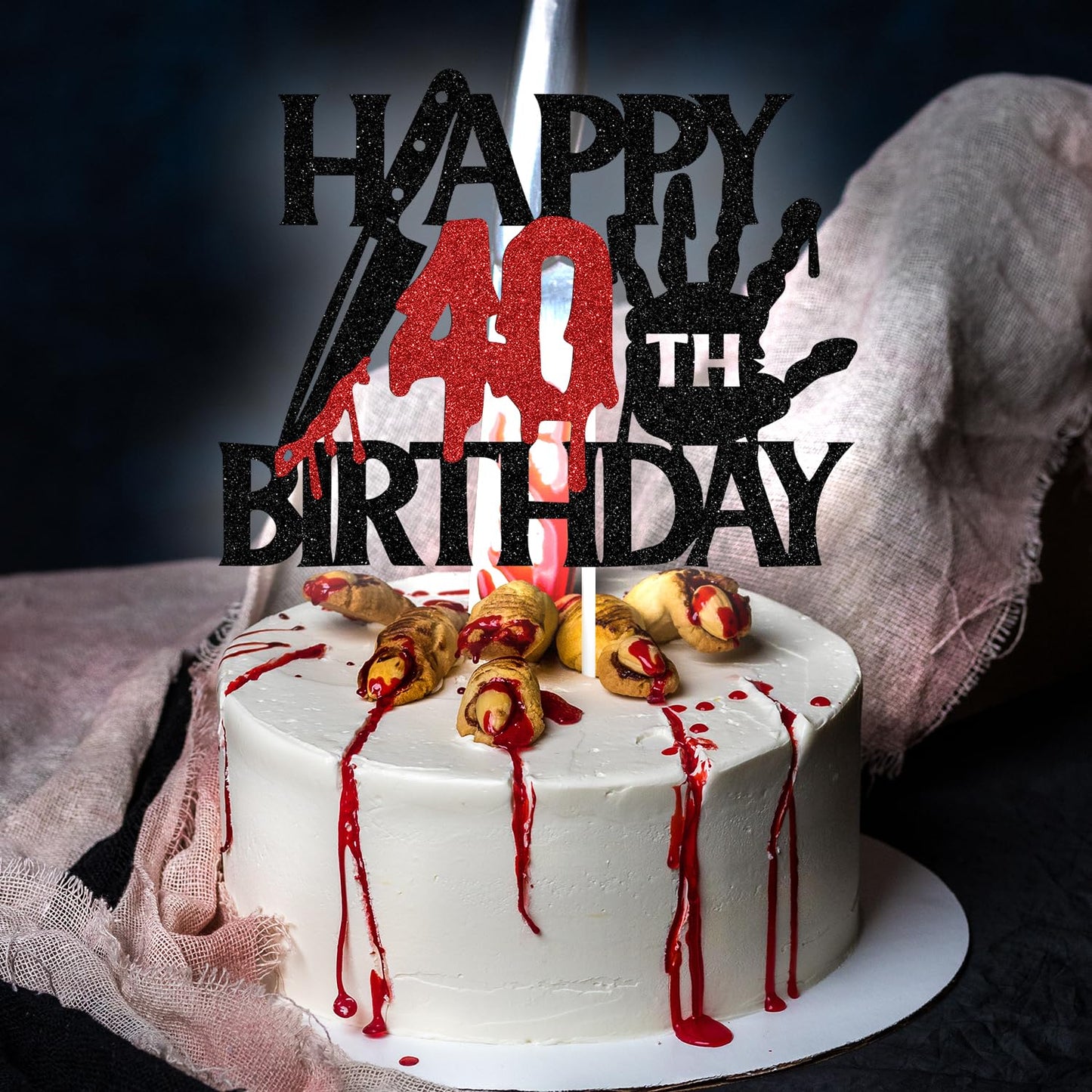 Black Glitter Killer Happy 40Th Birthday Cake Topper, Halloween Zombie Vampire Bloody Friday Birthday D Cor, Halloween Horror T