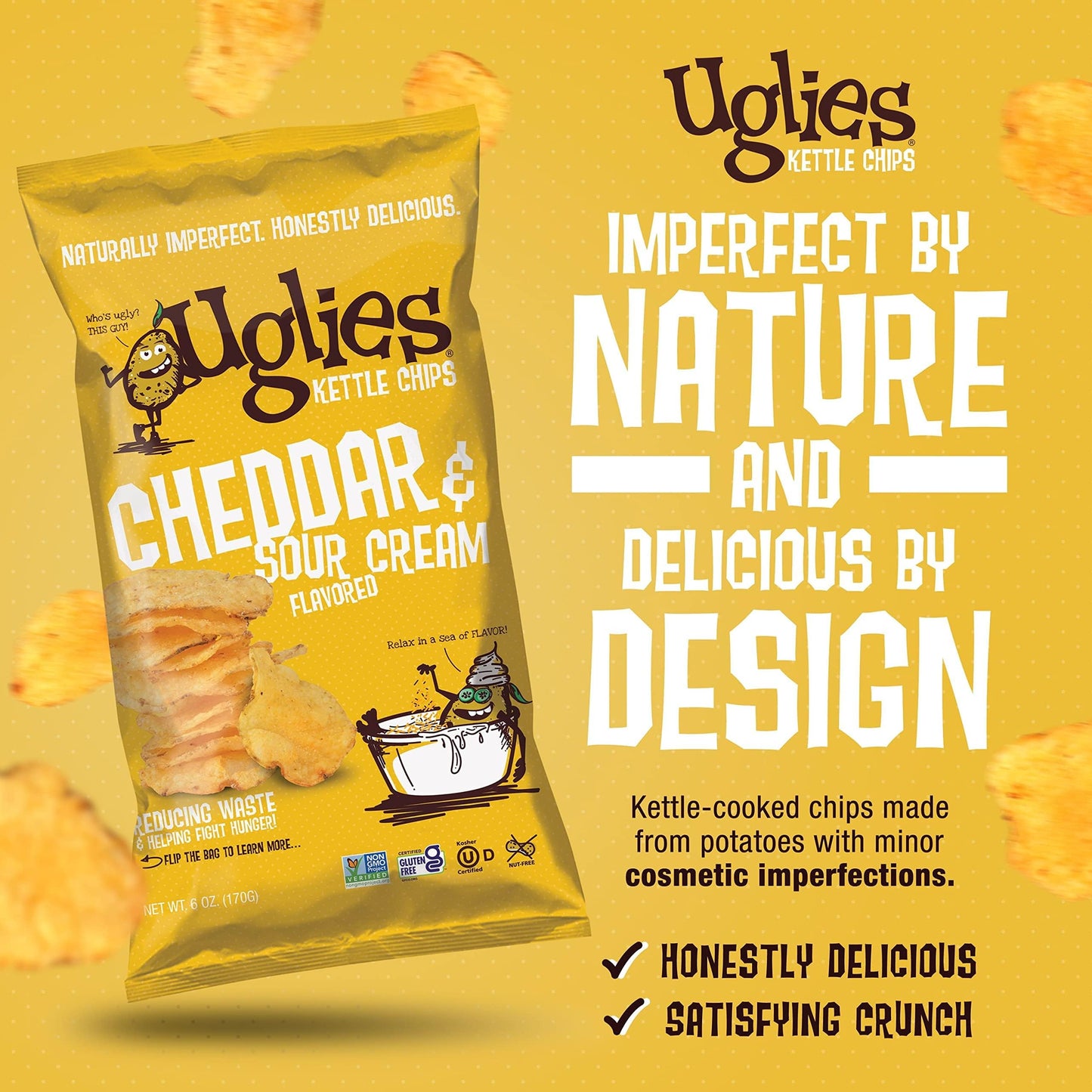 UGLIES Cheddar and Sour Cream Kettle-Cooked Potato Chips, Gluten-Free Snacks, Kosher Chips, Non-GMO Snacks for Kids or Office, 6