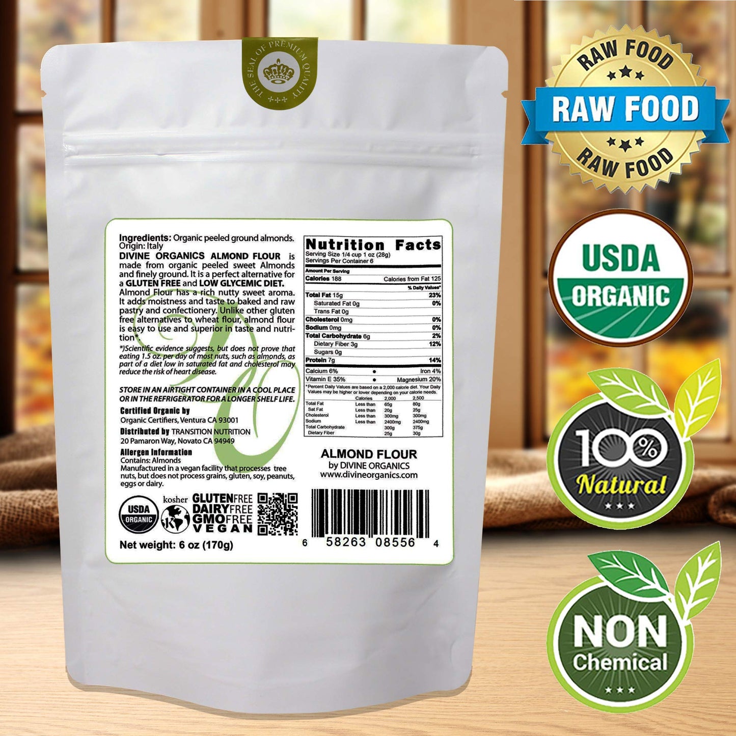 6 oz Organic Almond Flour by Divine Organics - Gluten Free, Low Glycemic, Non-GMO, Perfect for Baking and Cooking