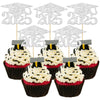 Gyufise 24 Pack 2025 Graduation Cap Cupcake Toppers 2025 Silver Glitter Class of 2025 Cupcake Picks 2025 Graduation Theme Party
