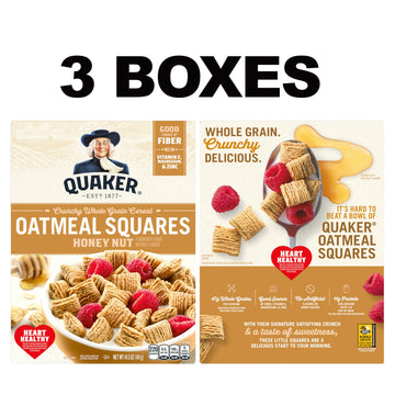 Quaker Oatmeal Squares Crunchy Whole Grain Breakfast Cereal, Honey Nut, 14.5 Oz Boxes (Pack Of 3)