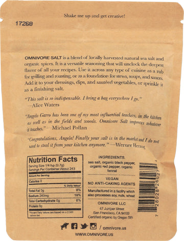 Omnivore Salt 6 Oz - Organic Sea Salt Blend With Black & Red Pepper & Fennel Gourmet Finishing Salt, Kosher, Non-Gmo, Usda Organ