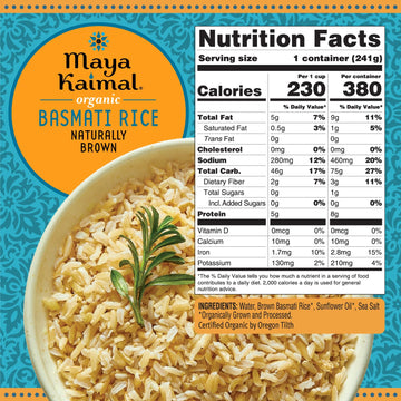 Maya Kaimal Organic Basmati Rice Naturally Brown, Ready To Eat, Fully Cooked, Vegan, Certified Organic, Non Gmo, Gluten Free, 8.