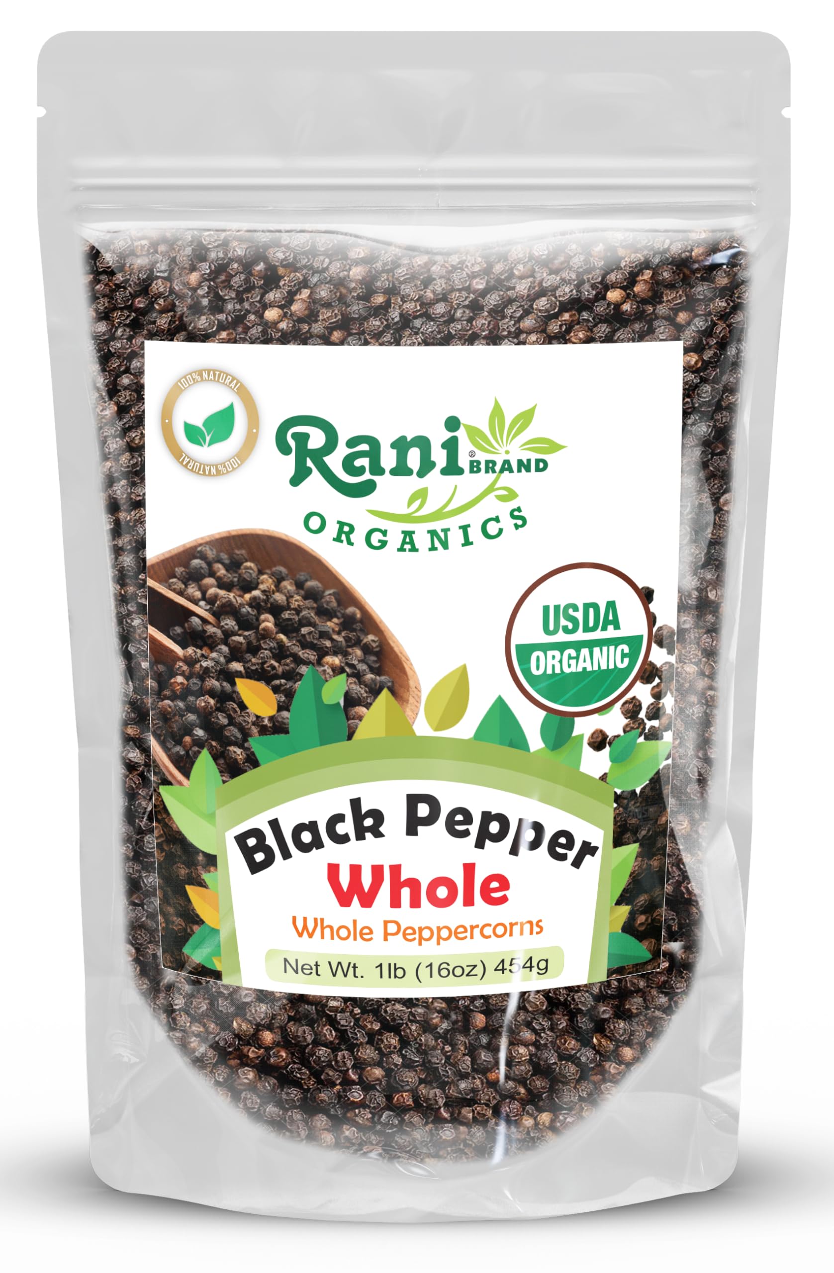 Rani Organic Black Pepper Whole (Peppercorns), Premium Mg-1 Grade 16Oz (1Lb) 454G ~ All Natural | Gluten Friendly | Non-Gmo | Usda Certified Organic | Kosher | Product Of Vietnam