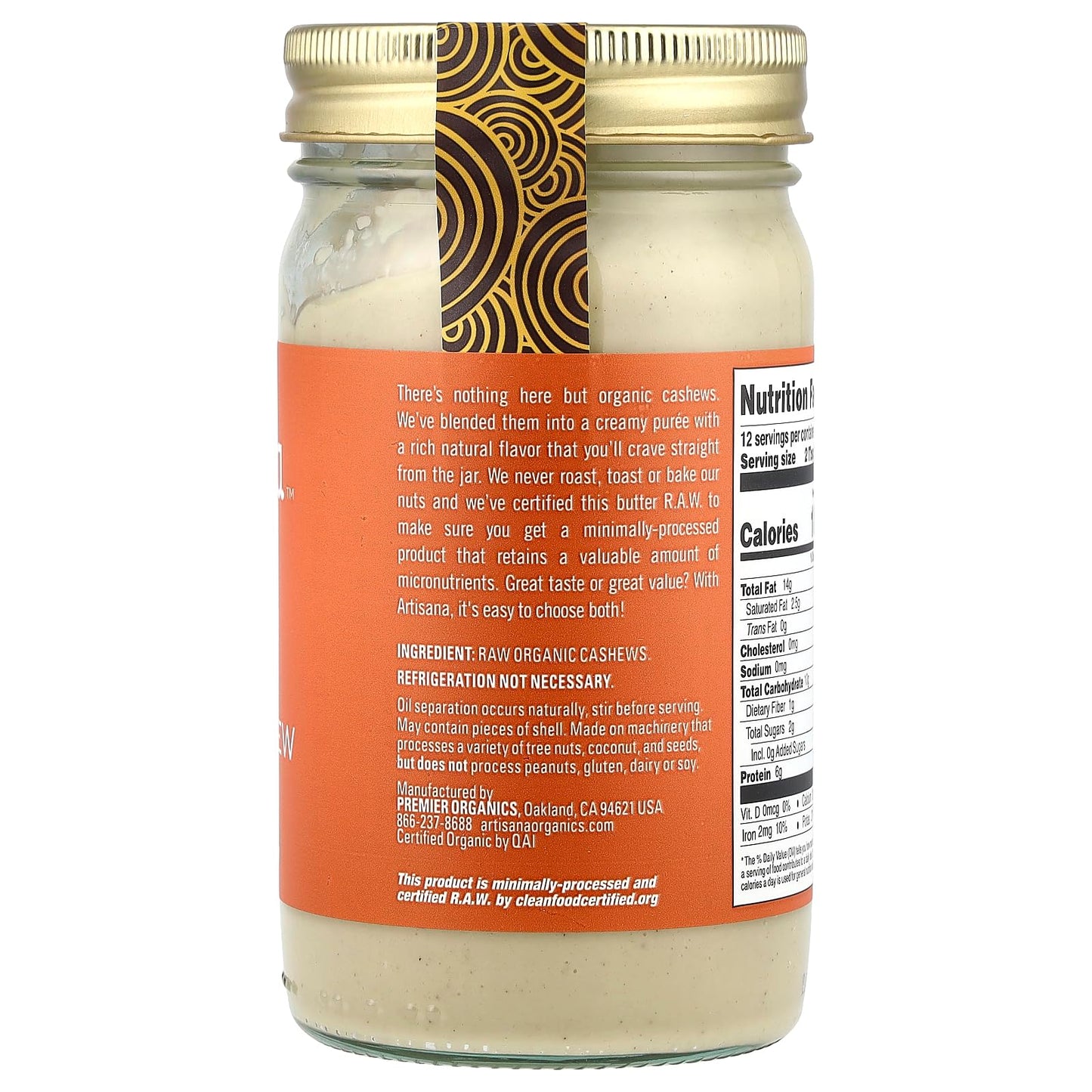 Artisana Organics Raw cashew Butter - No Sugar Added, Vegan and Paleo Friendly, Non gMO, 14oz Jar