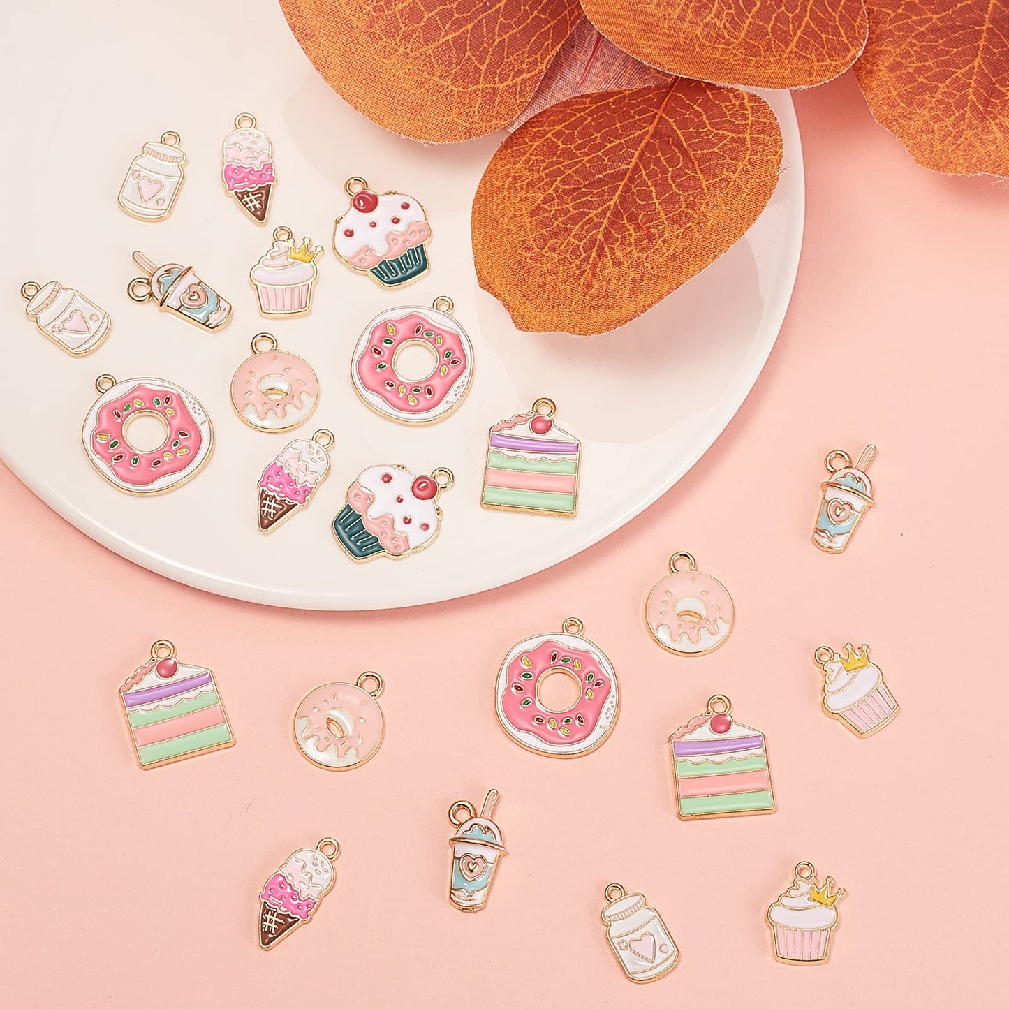 LiQunSweet 40 Pcs 8 Styles Cake Dessert Charms Cupcake Donut Cookies Food Ice Cream Bubble Mik Tea Juice Drink Enamel Small Dang