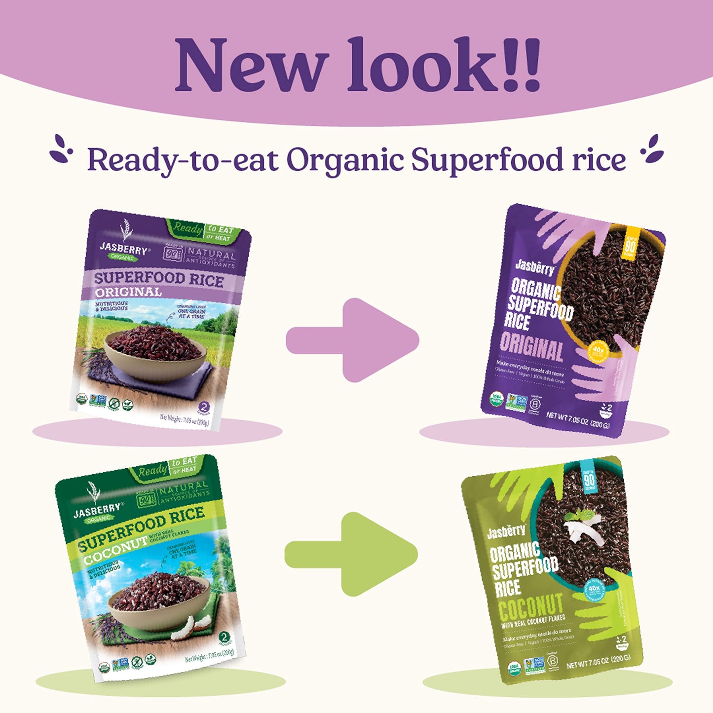 Jasberry Organic Rice With Coconut Flakes - Superfood Rice With High Antioxidants, Ready To Eat Or Heat, Non-Gmo, Gluten-Free, U