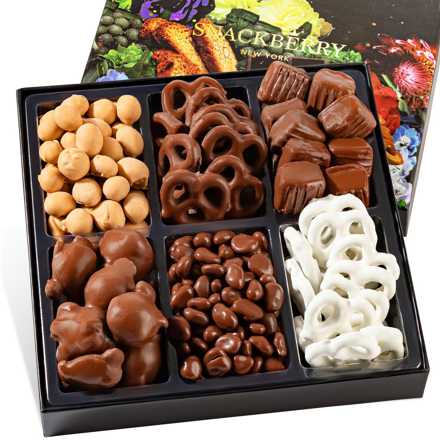 Snackberry Top-Grade Chocolate Gift Box - Gourmet Assortment With Chocolate Pretzels Maple Nuts Yogurt Pretzels & Milk Chocolate Caramels - Perfect For Holidays Birthdays & Corporate Gifts (6-Pack)