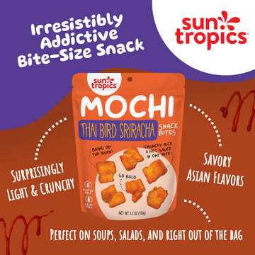 Sun Tropics Mochi Snack Bites, Thai Bird Sriracha Flavor- 3.5 oz (6 Pack)| Crispy Spicy Mochi Bites, Rice Nuggets | Mochi Puff R