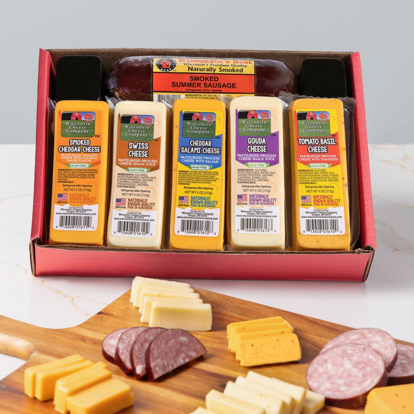 Wisconsin Cheese Company - Specialty Cheese & Summer Sausage Gift Box - 100% Wisconsin Gouda Rich Flavor Cheddar Salami Tomato Basil Cheddar Swiss (Pack Of 5 Blocks) | Perfect For Parties Charcuterie Boards And Birthdays | Great Birthday Gift