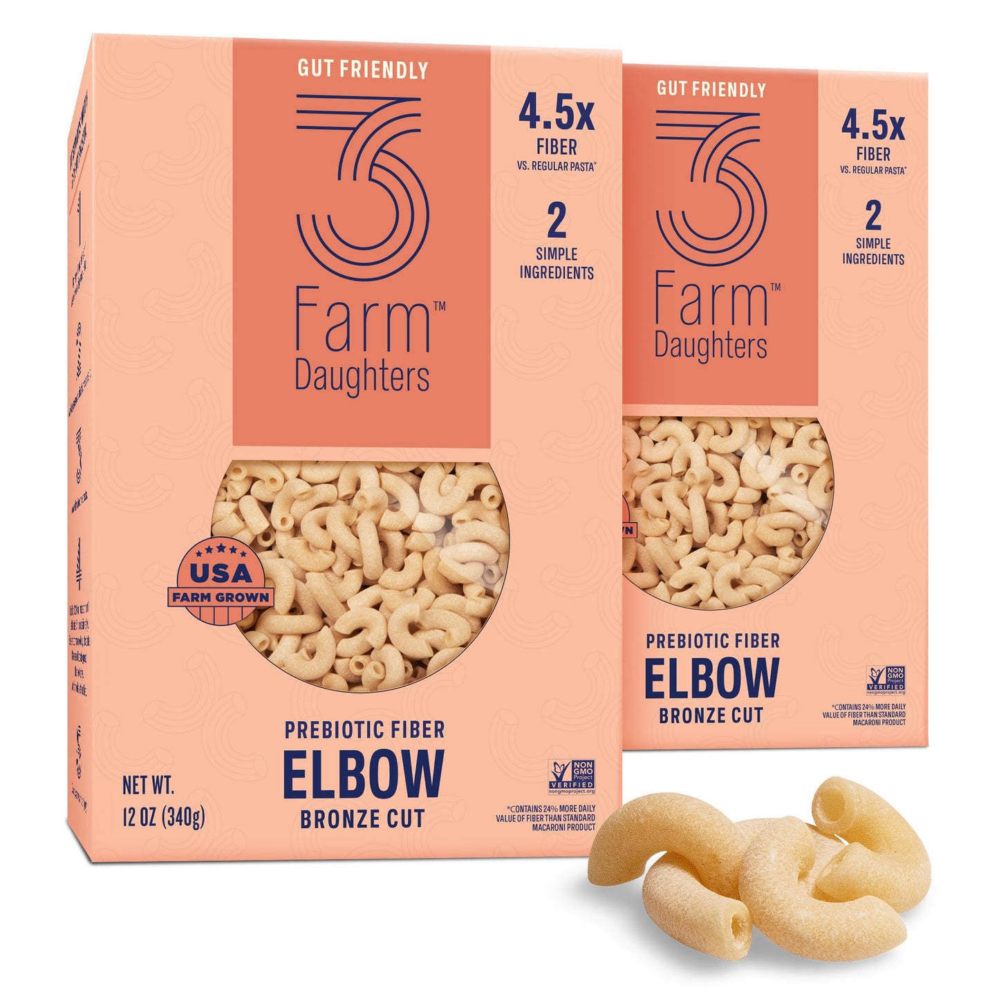 Three Farm Daughters High Fiber Elbow Macaroni Pasta Pack, Low GI, Non GMO Elbow Pasta Noodles, Low Net Carb, Made in the USA, 1