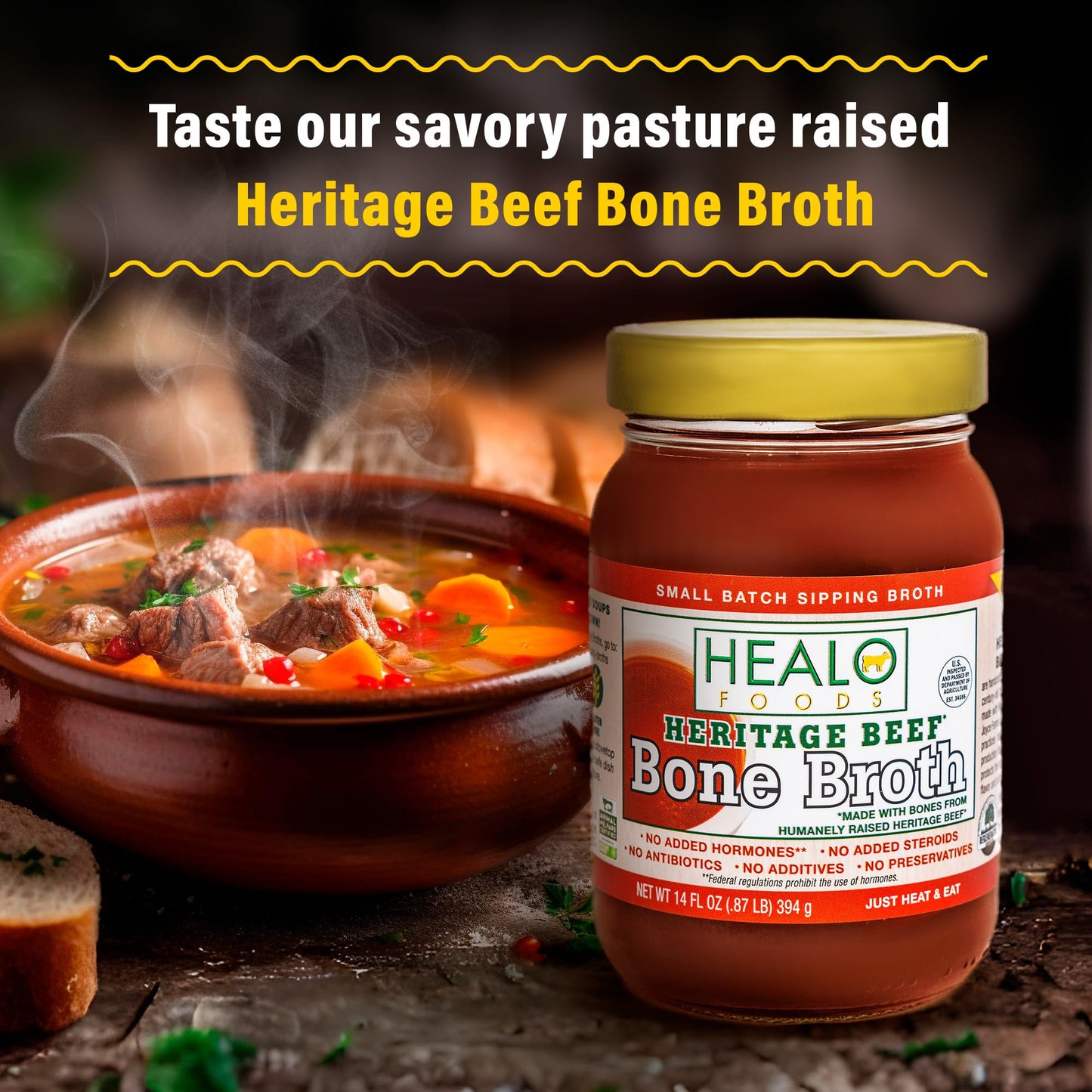 Healo Foods Heritage Beef Bone Broth | Lab-tested 15g Collagen, 20g Protein | Regeneratively Raised | 24-Hour Simmered | Keto, P