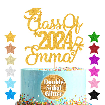 Personalized Cake Topper Custom Congrats Graduation Hat Student Class Of 2024 Double Sided Glitter Card Gold