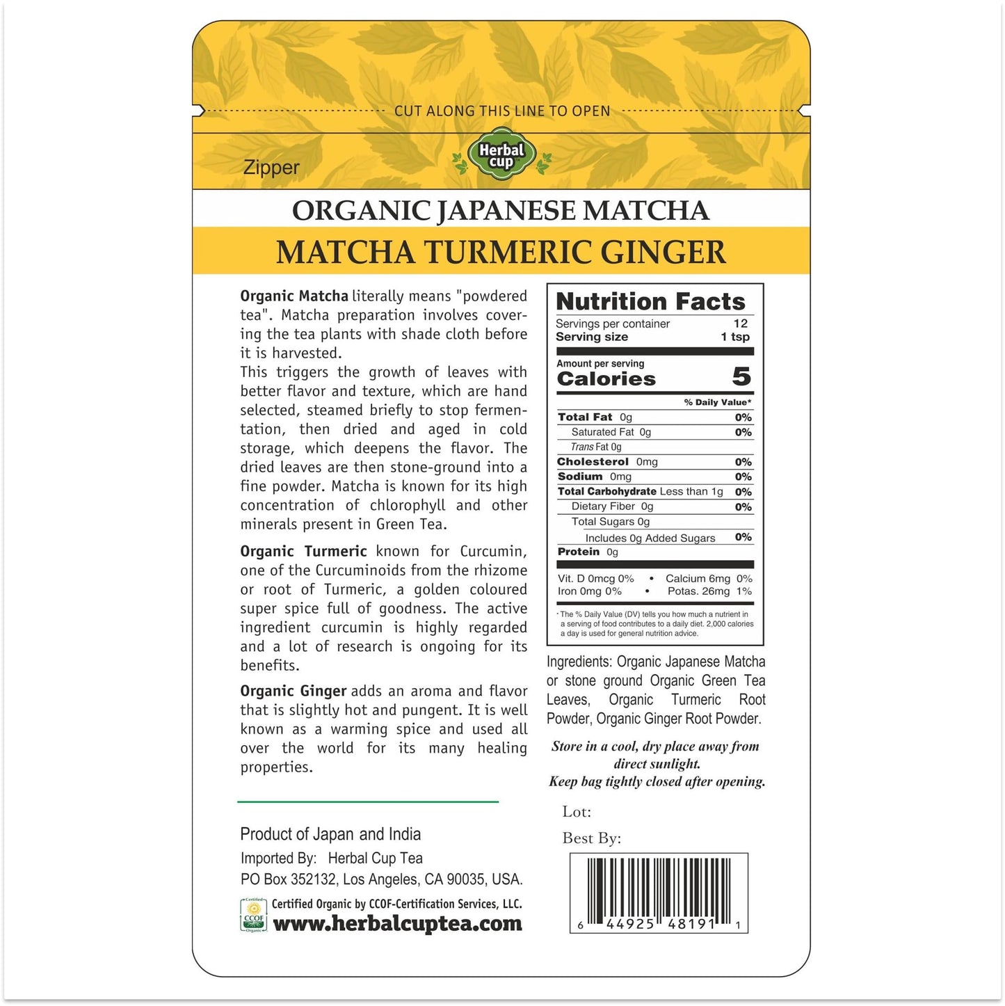 Herbal Cup Tea Organic Japanese Matcha (Matcha Turmeric Ginger, 2 Ounce (Pack Of 1))