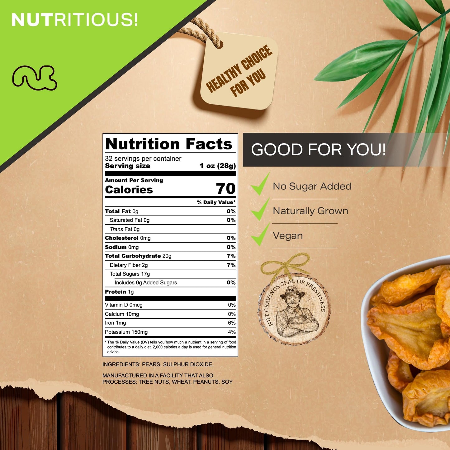 Sun Dried California Pears, No Sugar Added (32Oz - 2 Lb) Packed Fresh In Resealable Bag - Sweet Fruit Snack Treat - Healthy Food