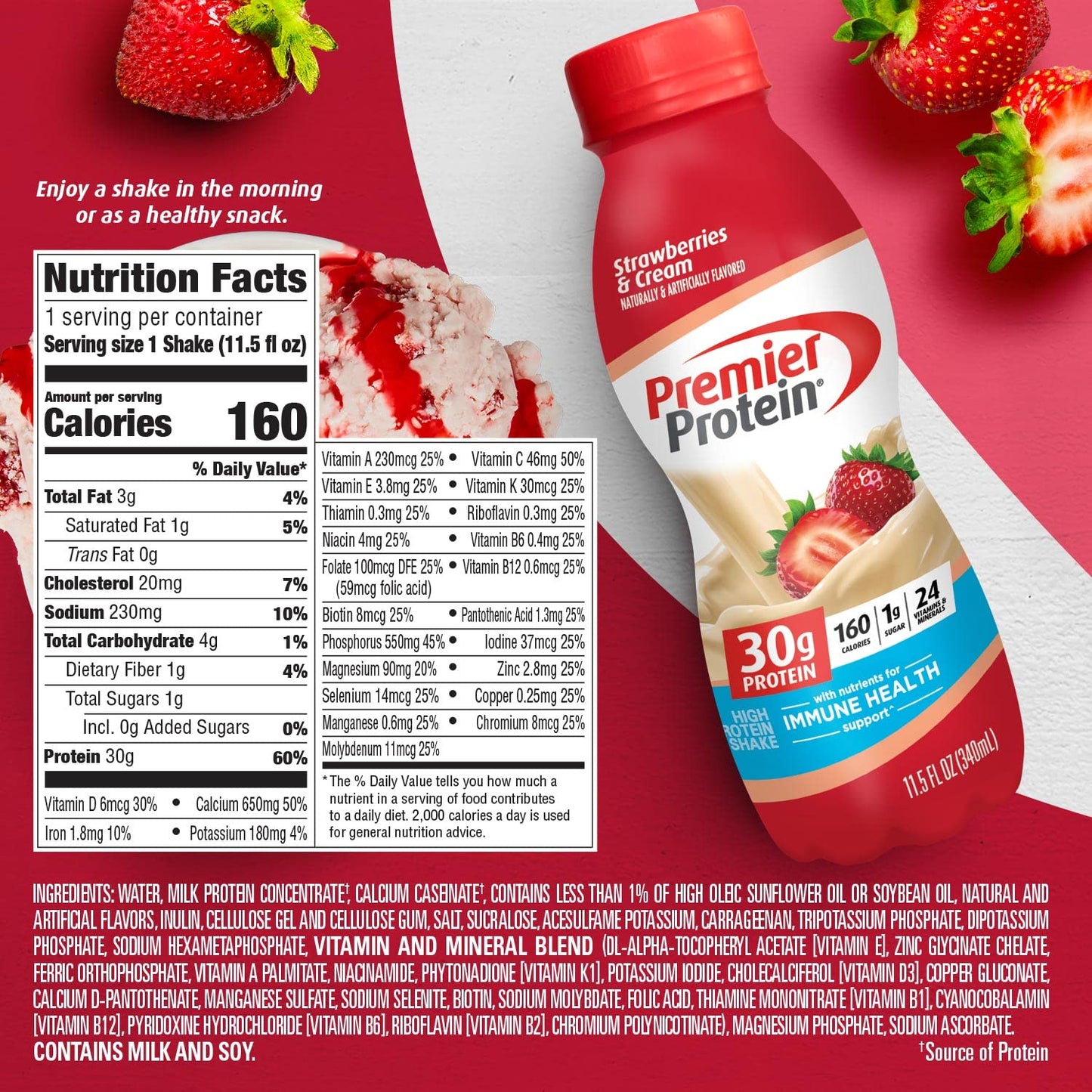 Premier Protein Liquid Protein Shake -24 Vitamins & Minerals/Nutrients to Support Immune Health, Strawberries, 11.5 Fl Oz Bottle