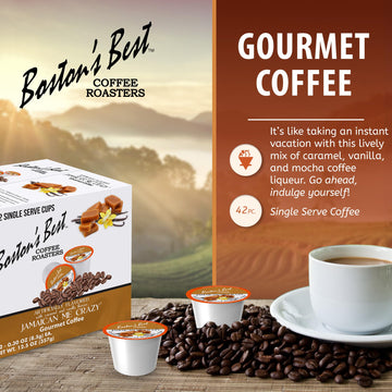 Bostons Best Jamaican Me Crazy Flavored Coffee, Gourmet 42 Single Serve Cups Compatible with Keurig, Model 017809009097