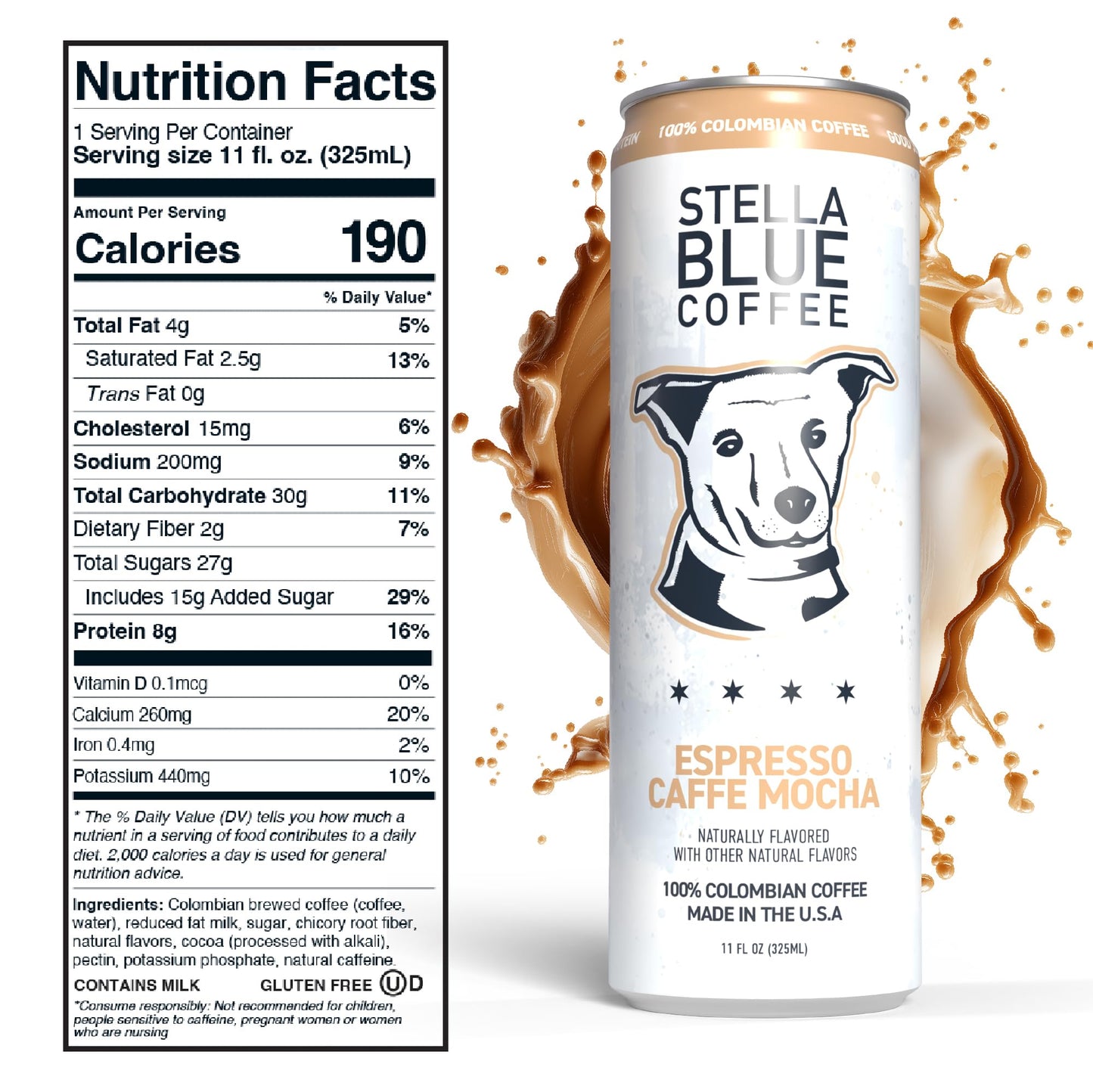 Stella Blue Espresso Caffe Mocha 100% Colombian Coffee 190mg Natural Caffeine Good Source of Protein Ready-to-Drink Coffee Energy Beverage 11oz Can 12 Pack