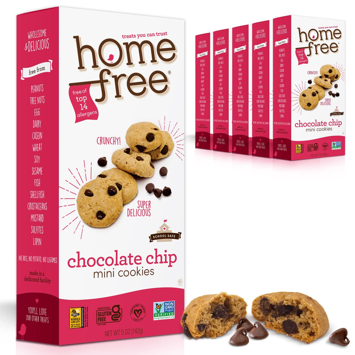 Homefree Mini Chocolate Chip Cookies, Gluten Free, Nut Free, Vegan, School Safe and Allergy Friendly Snack, 5 oz. Box (Pack of 6