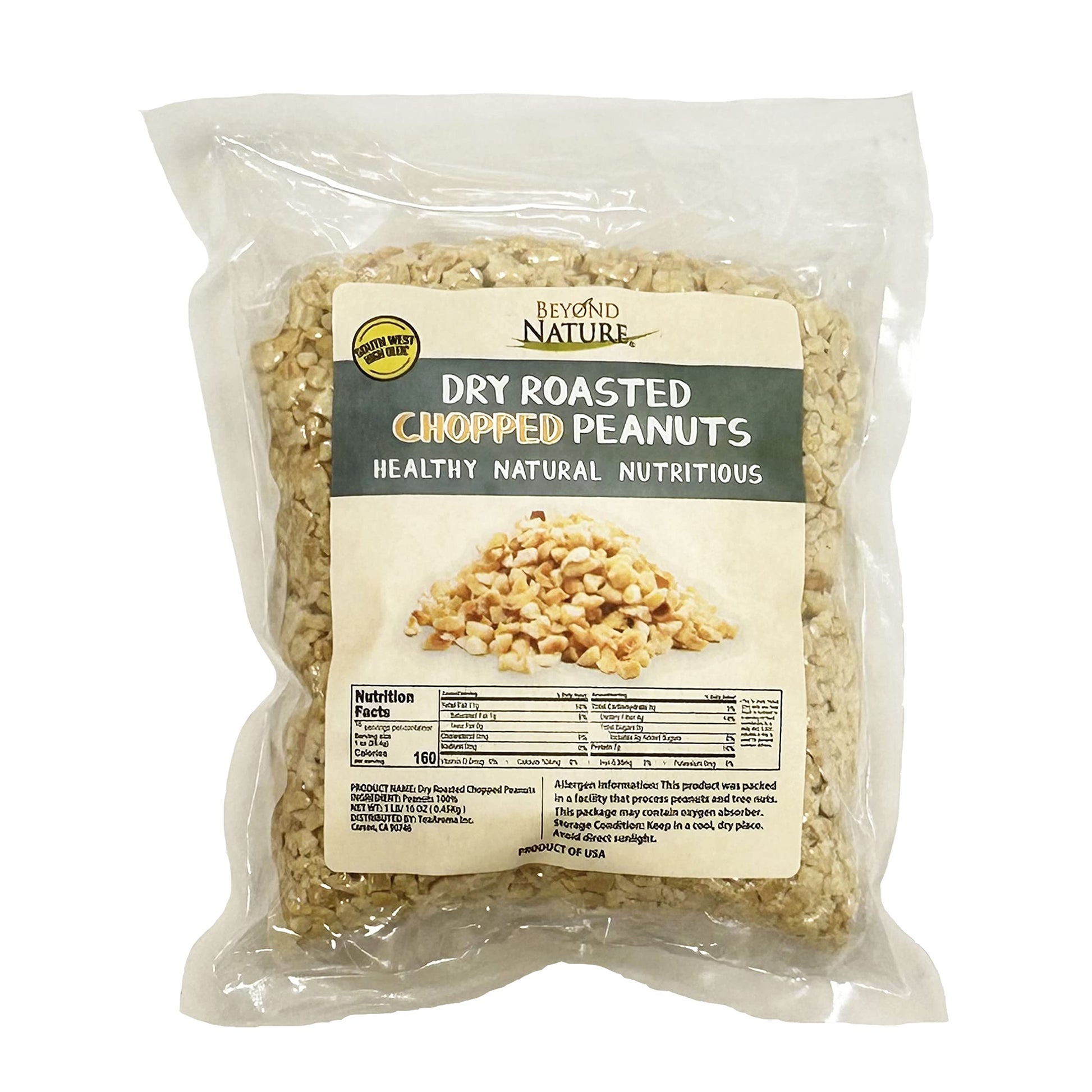 Beyond Nature Dry Roasted Chopped Peanuts - Unsalted 1 Pound (16 Oz) Vacuum Sealed, Non Gmo, No Oil & No Salt, Low Carb, Keto Fr