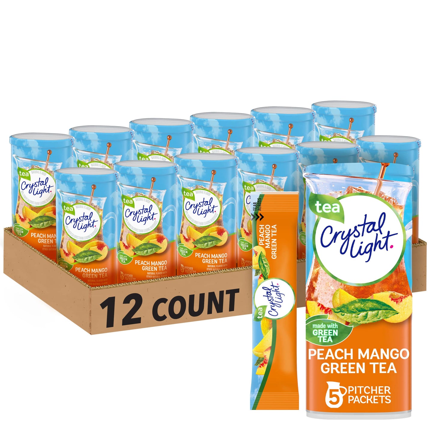 Crystal Light Peach Mango Green Tea Powdered Drink Mix, 60 ct, 1.85 oz (12 Canisters of 5 Pitcher Packets)