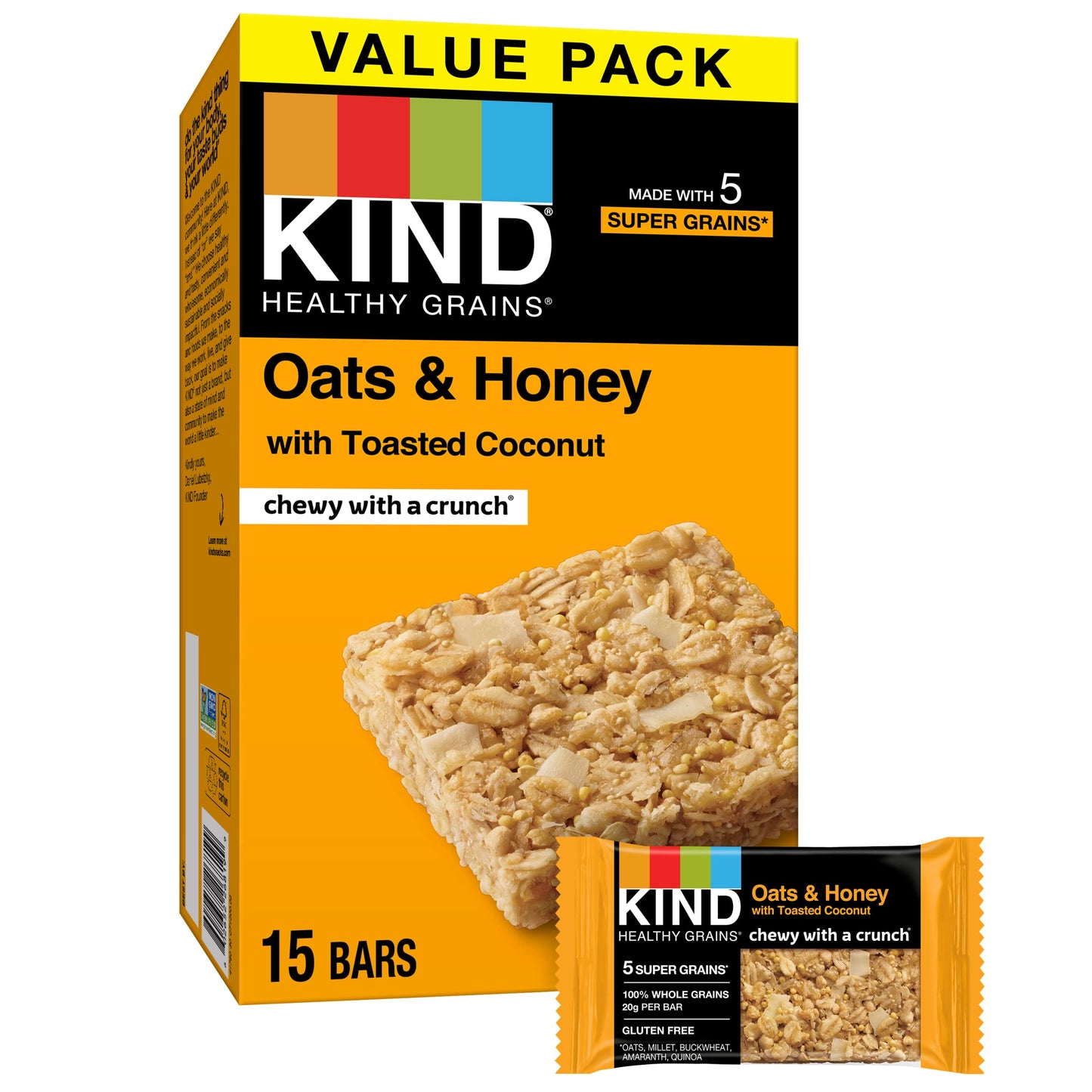 Kind Healthy Grains Bars, Oats & Honey With Toasted Coconut, 1.2 Ounce, 60 Count, Gluten Free