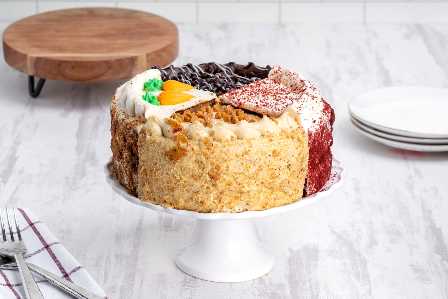 Our Specialty 8 Double Layer Variety Cake with Caramel, Carrot, Chocolate and Red Velvet Cake, 46 oz