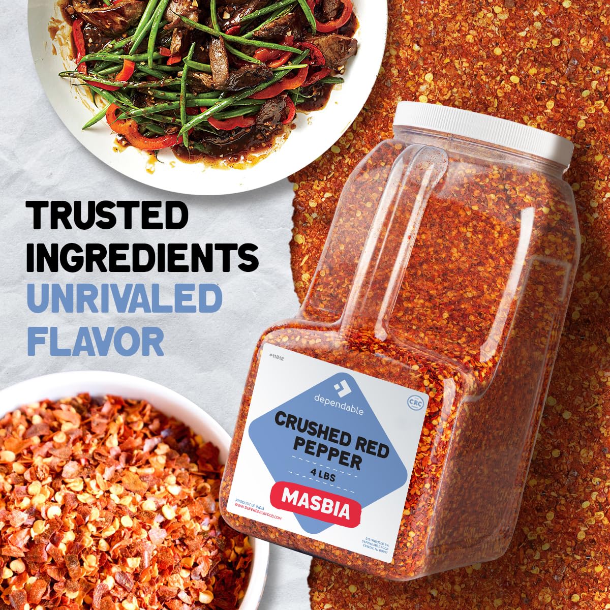 Dependable Food Crushed Red Pepper Flakes - 3.5 Lb. Container - Bulk Size - Kosher Spice Seasoning for Chefs & Culinary Enthusiasts Adds Heat & Depth to Pizza Pasta Stir-Fries - Non-GMO & Allergen-Free
