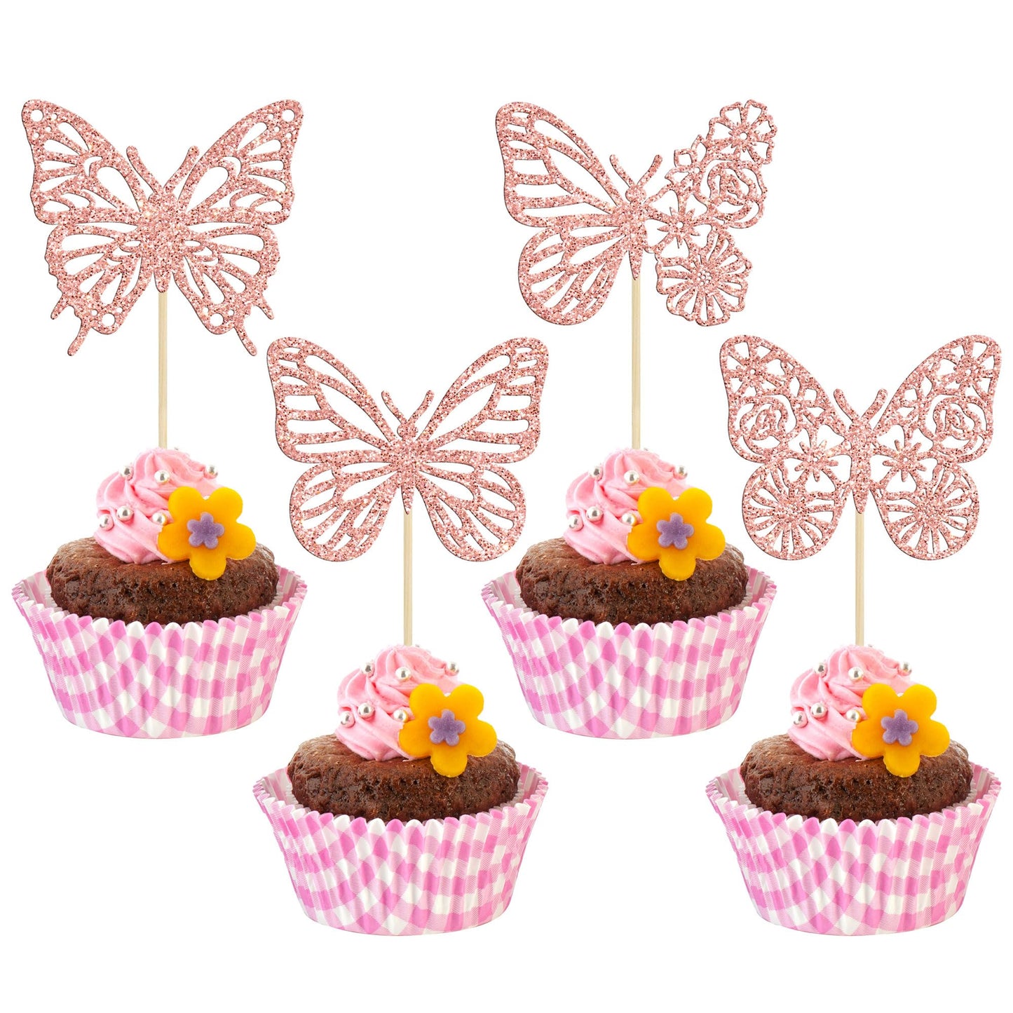 Gyufise 24 Pack Rose Gold Glitter Assembled Butterfly Cupcake Toppers Baby Shower Cake Picks Decorations For Wedding Anniversary Kids Birthday Party Supplies
