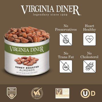 Virginia Diner - Gourmet Natural Honey Roasted Almonds, 18 Ounce Tin