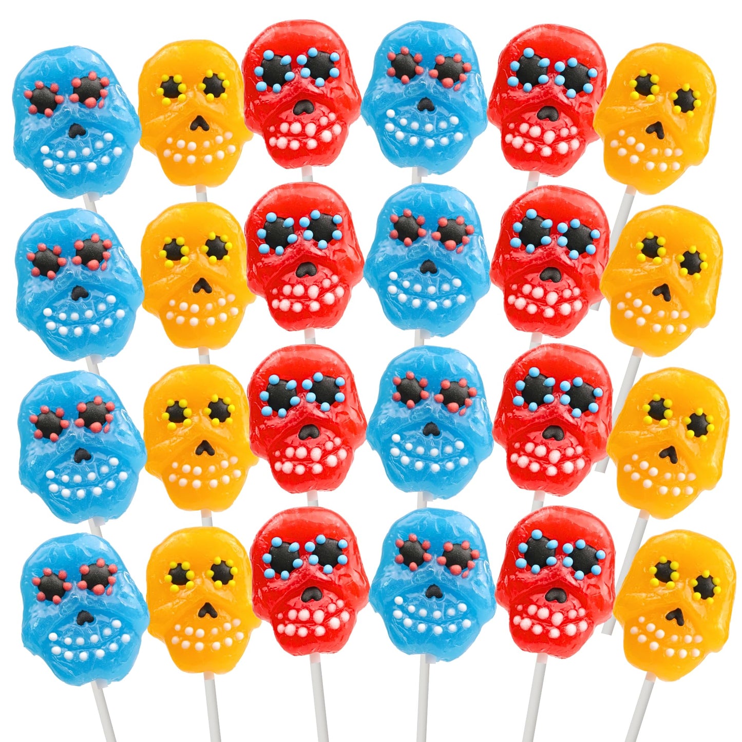 Sweetzo Halloween Sugar Skull Candy Lollipops Individually Wrapped Dia De Los Muertos Suckers Strawberry Orange and Blueberry Flavored (24 Pieces)