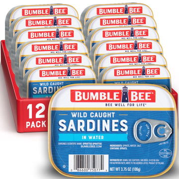 Bumble Bee Sardines in Water, 3.75 oz Tin (Pack of 12) - Wild Caught, Gluten Free, Keto, Kosher, Clean Ingredients