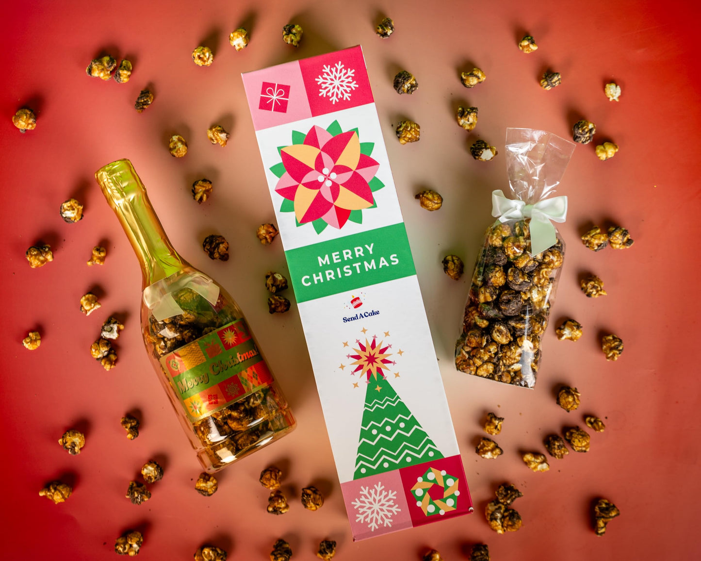 Merry Christmas Bubble Box With Holiday Caramel Corn By Send A Cake, Ready To Gift, No Assembly Required - Christmas Surprise - Unique Gift For Women, Men, Mature-Themed, Kids