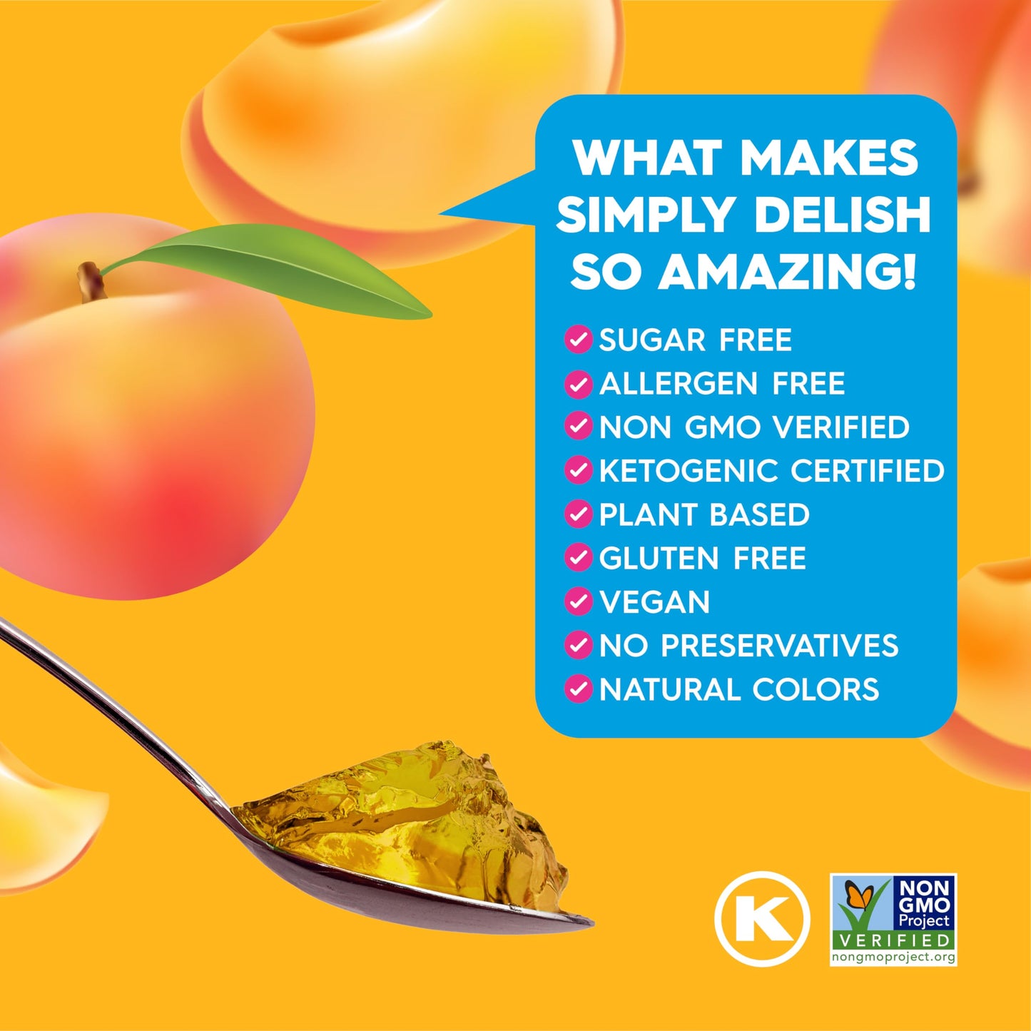 Simply Delish Plant Based Natural Peach Jel Dessert - 6 Pack - Zero Sugar, 0g Net Carbs, Gluten Free, Vegan, Diabetic & Allergen