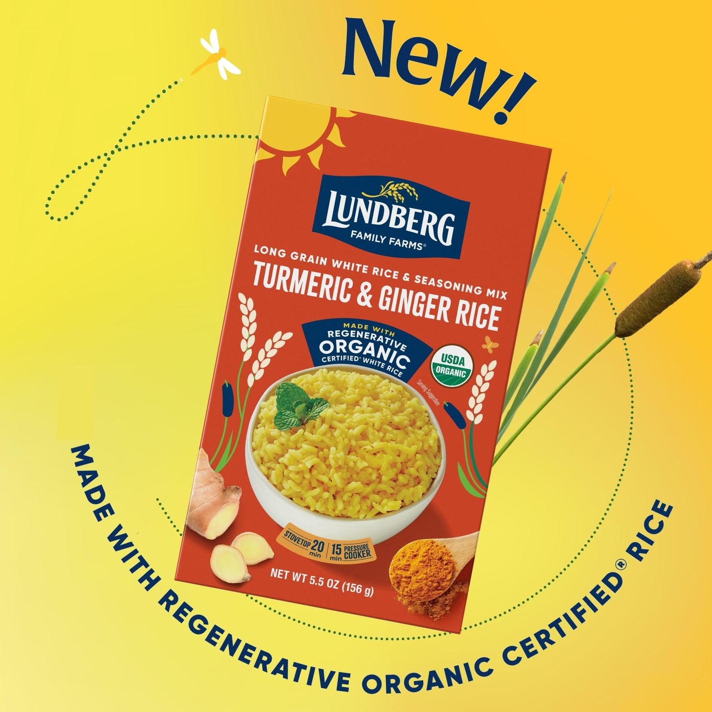 Lundberg Organic Turmeric & Ginger Seasoned Rice - Regenerative Organic Certified Long Grain White Rice & Seasoning Mix, Gluten
