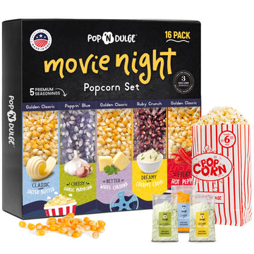 Pop n Dulge Popcorn Movie Night Supplies 16 pcs Gift Set, 5 Gourmet Popcorn Kernels, 5 Seasoning Variety Packs Non-GMO Kosher