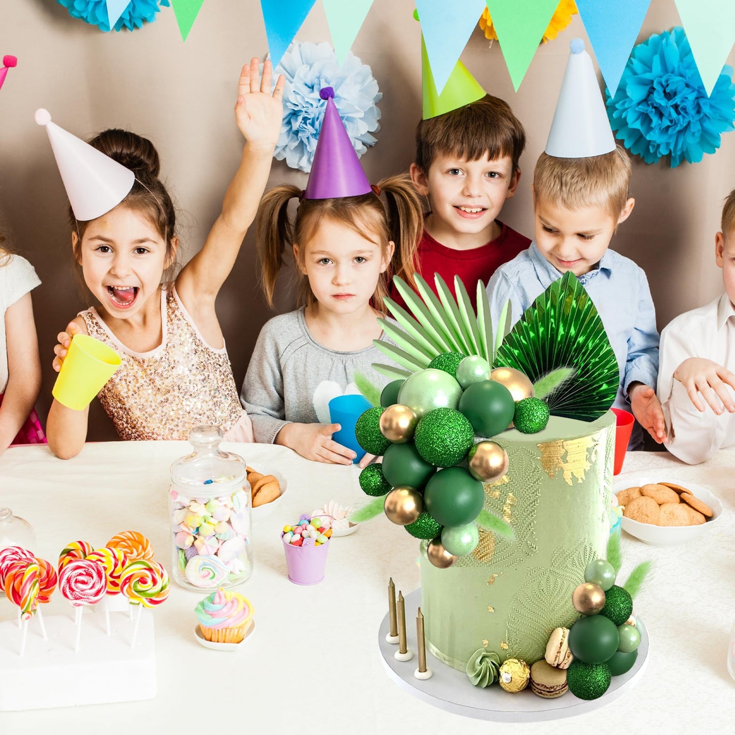 Balls Cake Toppers Palm Leaves Cake Decorations For Birthday Wedding Baby Shower Party Supplies (Green)