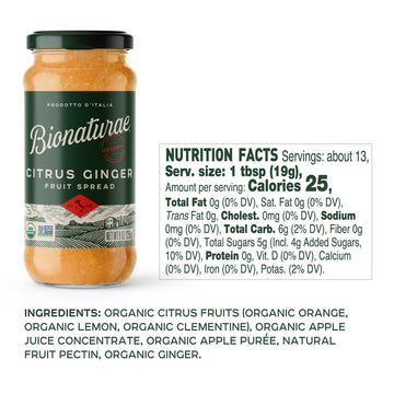 Bionaturae Organic Citrus Ginger Fruit Spread - Jelly Organic, Non-Gmo, Usda Certified, No Added Sugar, No Preservatives, Organi