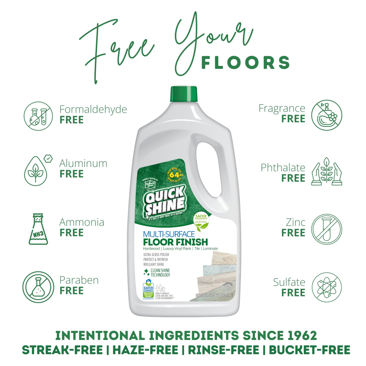 Quick Shine Multi Surface Floor Finish, 64oz - Cleaner & Polish for Hardwood, Laminate, Tile & Stone, Safer Choice with Clean Shine Technology