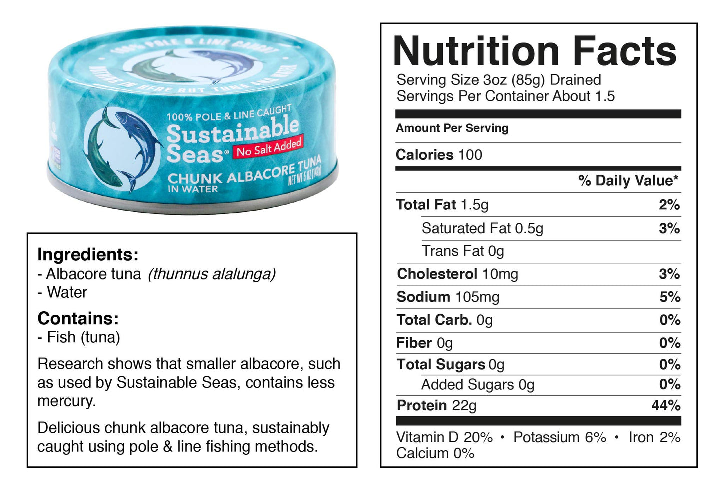 Sustainable Seas Chunk Albacore Tuna In Water, No Salt Added, Kosher, Non-Gmo, 5 Ounce (Pack Of 12)