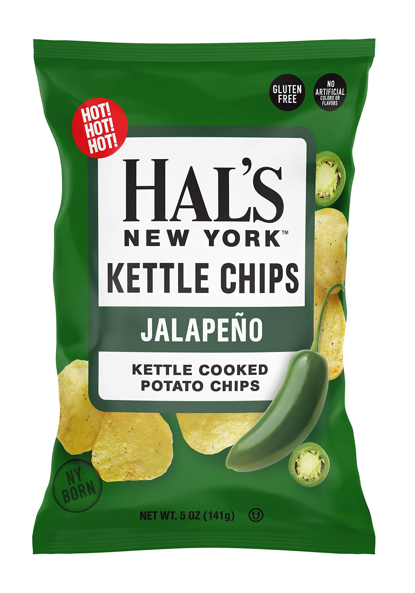 Hal's New York Kettle Cooked Potato Chips, Gluten Free, Jalapeno, 5 oz Bag (Pack of 3)