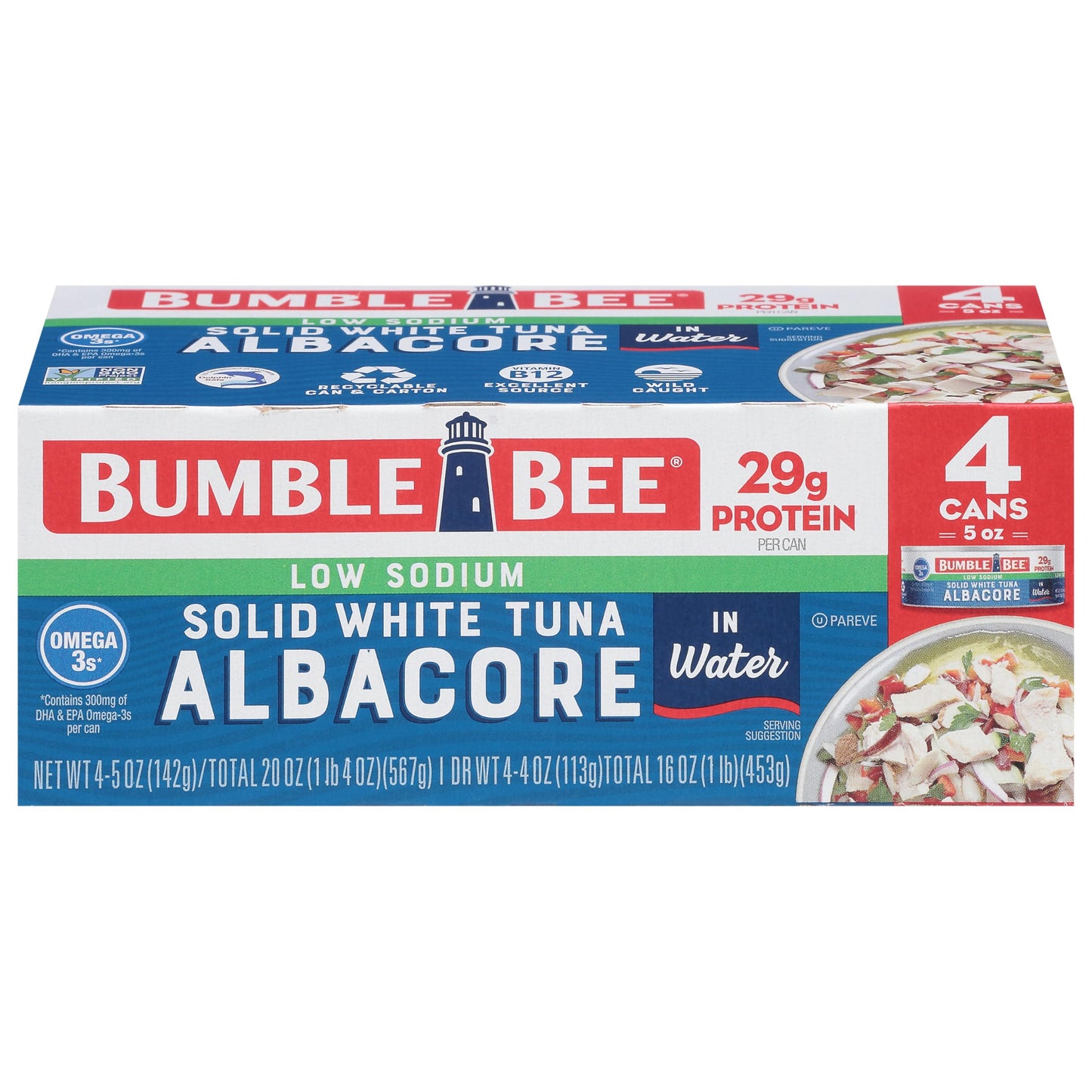 Bumble Bee Low Sodium Solid White Albacore Tuna In Water, 5 Oz Can (Pack Of 4) - Wild Caught Tuna - 29G Protein Per Serving, High In Omega-3S - Non-Gmo Project Verified, Gluten Free, Kosher