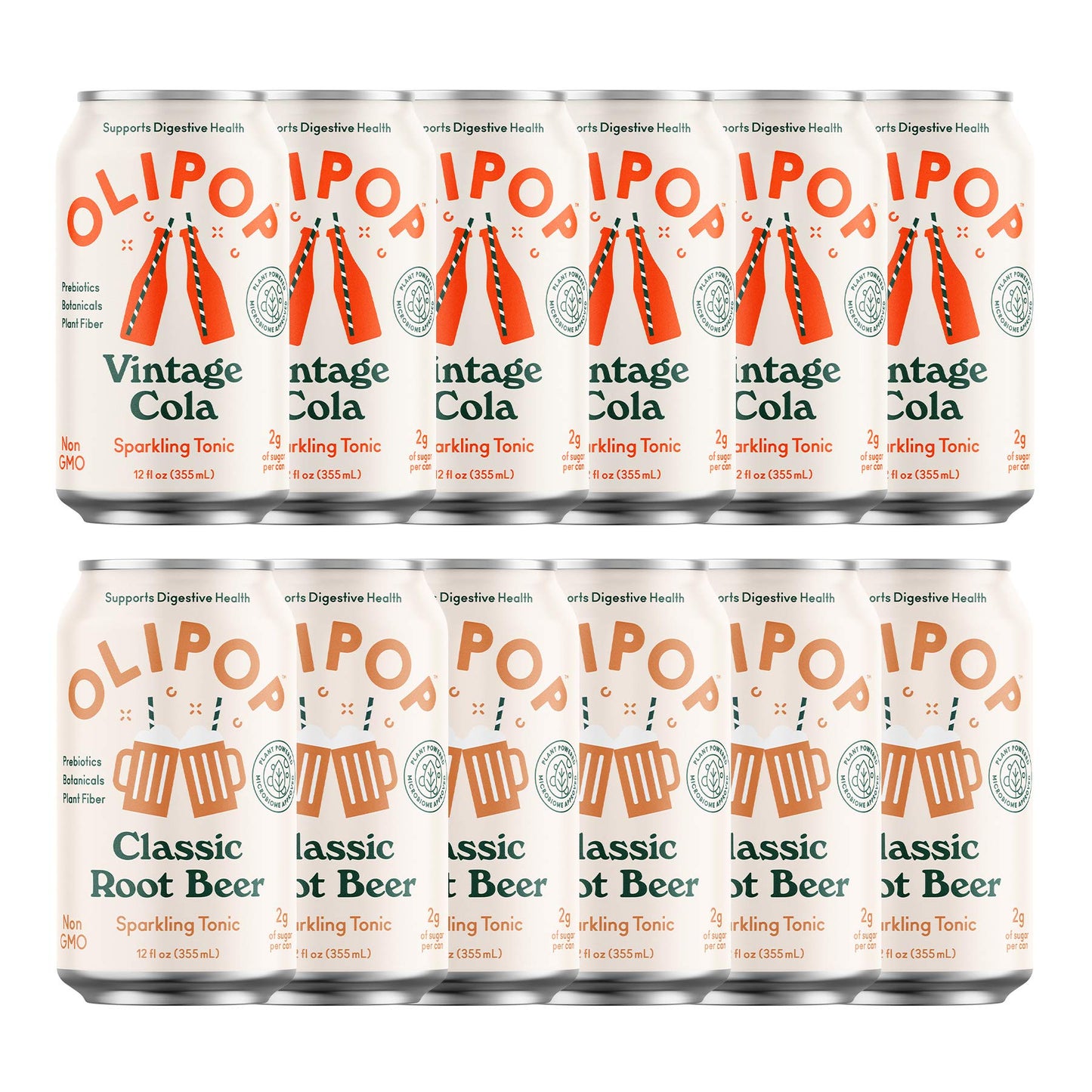 OLIPOP Vintage Cola & Root Beer Variety Pack, Prebiotic Soda, 12 oz, 12-Pack