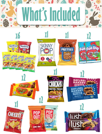 BLUE RIBBON, Easter Gift Basket (82 Count) Care Package with Two Plush Bunny Treats Snacks Cookies Candy Toys Gift Box for Kids