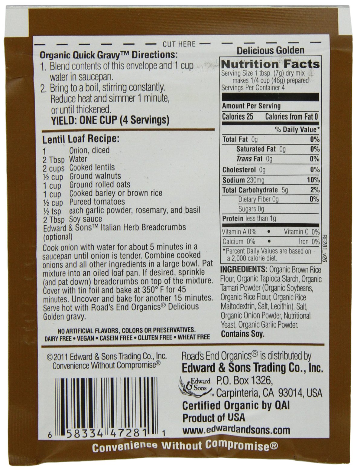 Edward & Sons Organic Gravy Mix - Vegetarian & Vegan, 1 Oz (Pack of 12) - Delicious Golden Gravy Powder for Sauces and Dishes